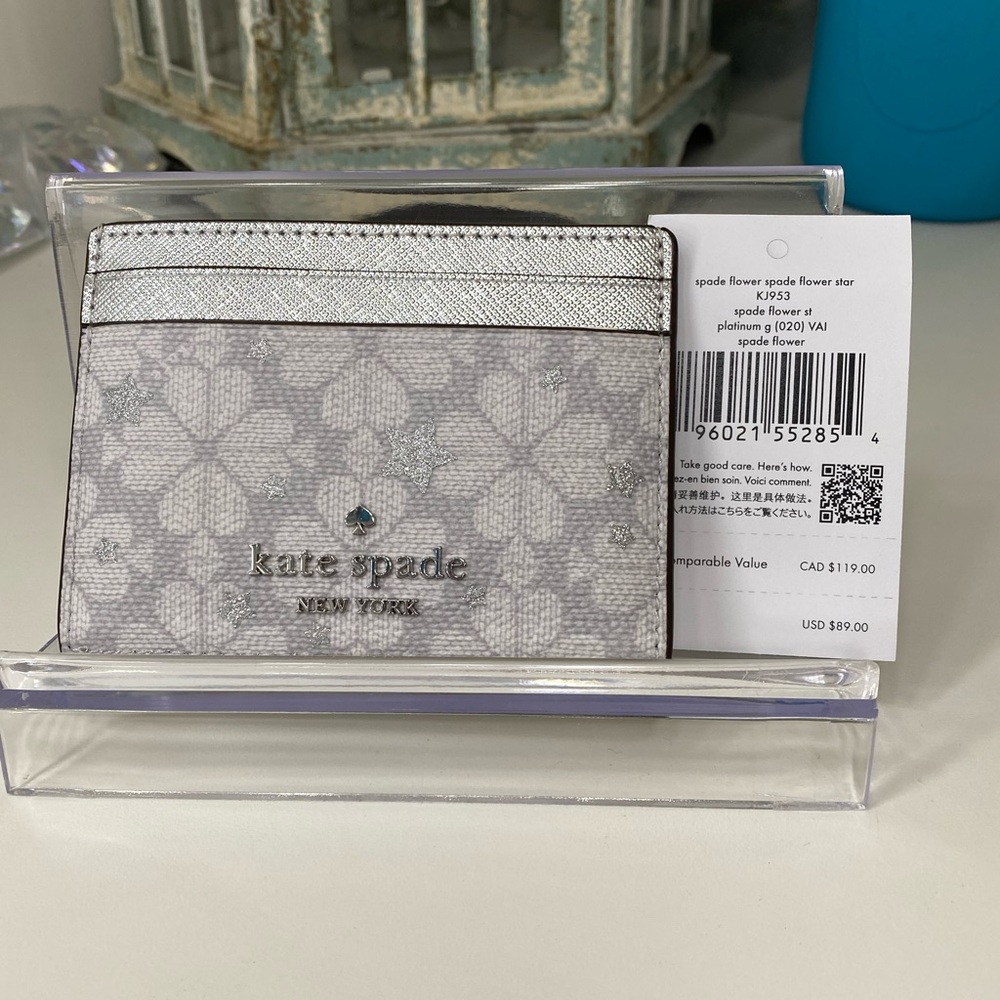 Kate Spade Metallic Silver Stars Jacquard Card Holder
